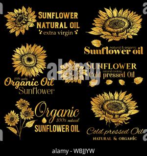 Golden Sonnenblumenöl Logos gesetzt, Technologie Wildflower Logo Vorlagen für Brabding Identty. Gold Vektor isoliert Blumen Hand Zeichnungen mit Schriftzug Stock Vektor