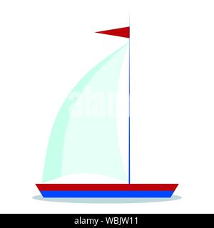 Symbol von Cartoon blaue und rote Segelboot mit einem Segel auf weißem Hintergrund. Stock Vektor