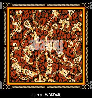 Retro Design carf mit gold Barock blüht und Ketten auf leopard Kulisse. Square Mode drucken. Vintage Muster. Stock Vektor