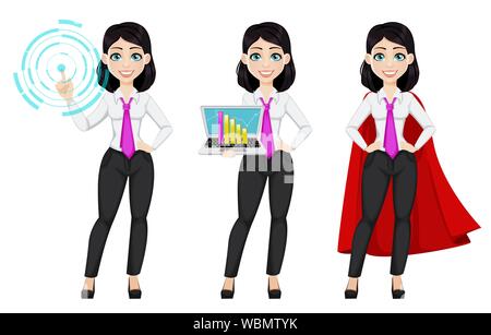 Junge schöne Geschäftsfrau, der drei Posen. Cute Geschäftsfrau Zeichentrickfigur zeigt Hologramm, hält Laptop und stehen im roten Mantel wie Überh Stock Vektor