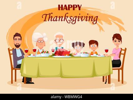 Happy Thanksgiving Day. Glückliche Familie genießen Thanksgiving Mahlzeit am Tisch. Freundliche Vater, Mutter, Großmutter, Großvater und Kinder. Vektor illus Stock Vektor