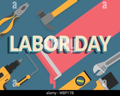 Tag der Arbeit Banner. design Vorlage. Vector Illustration. text Tag der Arbeit schmücken, die mit der Reparatur Werkzeuge für Hintergrund Stock Vektor