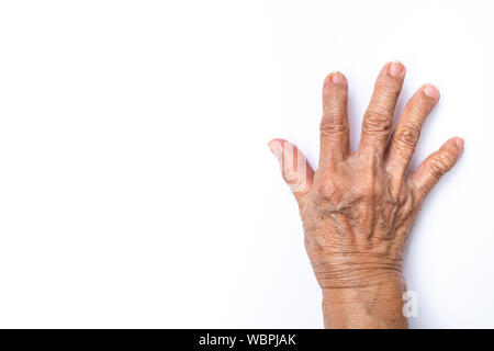 Die ältere Frau Hände zählen 5 auf weißem Hintergrund, Zahlen 1-10 in Gebärdensprache Konzept Stockfoto