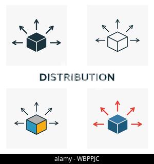 Verteilung Icon Set. Vier Elemente in verschiedenen Stilen aus blockchain icons Collection. Kreative Verteilung Icons, Outline, farbige und Stock Vektor
