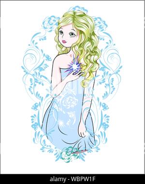 Das Mädchen mit dem Stern, in ein Abendkleid, in blauer Rahmen Muster Stock Vektor