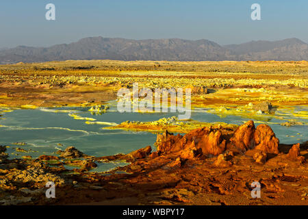 Organische Crackprodukte Felsformationen in einer Säure Sole-pool, geothermische Feld von Dallol, Danakil Depression, Afar Dreieck, Äthiopien Stockfoto