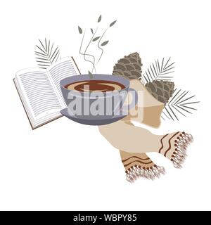 Minimailstic Weihnachten Zusammensetzung mit Buch, Tee, und Weihnachten Baum verzweigt. Zeit zu Hygge Vektor Konzept. Gemütliche Vorlage für Karten, scrapbooking Stock Vektor