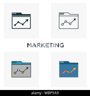 Marketing Icon Set. Vier Elemente in verschiedenen Stilrichtungen von Business icons Collection. Creative Marketing Icons, Outline, farbige und flach Stock Vektor