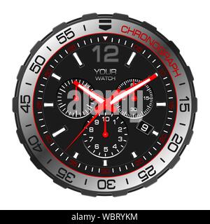 Realistische schwarz rot silber Uhr watch Chronograph Sport Luxury auf weißem Hintergrund Vector Illustration. Stock Vektor