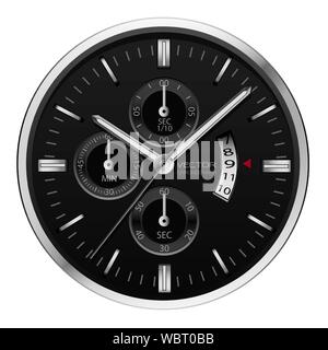 Realistische schwarz silber Uhr watch Chronograph auf weißem Hintergrund Vector Illustration. Stock Vektor