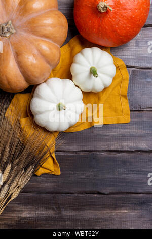 Mini Kürbisse mit Ähren auf orange Serviette mit großen Kürbis auf Holz- Hintergrund. Konzept der saisonalen Ernte essen Stockfoto