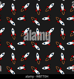 Rocket icon nahtlose Muster auf schwarzen Hintergrund. Raumschiff Vector Illustration Stockfoto