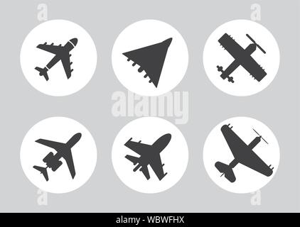 Flugzeug Vector Icons: Passagierflugzeug, Jagdflugzeug und Schraube. Jet Anzeichen für die Route Stock Vektor