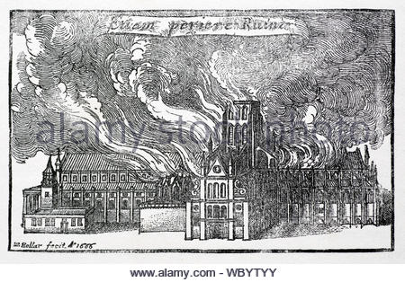 Original alte St Pauls Kathedrale, Brennen während das Große Feuer von London Katastrophe in 1666, Radierung von Böhmische Kupferstecher Wenzel Hollar aus 1600s Stockfoto