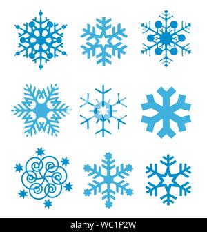Set blau Dekorative Schneeflocken. Satz von neun ursprünglichen stilisierte Schneeflocken. auf weißem Hintergrund. Vektor zur Verfügung. Stock Vektor