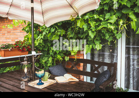 Niedlich private Balkon mit üppigen Weinreben als Dekoration und eröffnet sun Sonnenschirm für den Schatten im sonnigen Sommertag Wetter. Geöffnete Buch, moderne Stockfoto