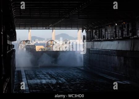 190818-N-OQ 778-1078 RIO DE JANEIRO (Aug. 18, 2019) Die amphibische Landung dock Schiff USS Carter Hall (LSD 50) leitet Luft landing cushion Craft (LCAC) Maßnahmen zur Unterstützung der UNITAS LX in Rio de Janeiro August 18, 2019. UNITAS, das ist Lateinisch für "Einheit", wurde im Jahr 1959 konzipiert wurde, erstmals im Jahr 1960 durchgeführt und hat jedes Jahr seit gehalten worden. (U.S. Marine Foto von Mass Communication Specialist 3. Klasse Kody A. Phillips/Freigegeben) Stockfoto