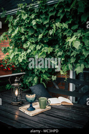 Privater Balkon im Freien mit dekorativen Weinreben Klettern an der Wand, braun Gartenmöbel, trinken Becher, Cookies. Moderne dunkle Instagram Lebensstile Stockfoto