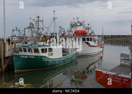 Kleine Fischereifahrzeuge sind in der Marina von Alma, New Brunswick, Montag, August 19, 2019 gesehen. Stockfoto