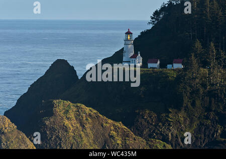 Auf der Oregon Küste, Heceta Head Lighthouse auf Klippen mit Blick auf den einsamen Strand sitzt, als von uns 101 gesehen, die Pazifikküste Scenic Byway. Stockfoto