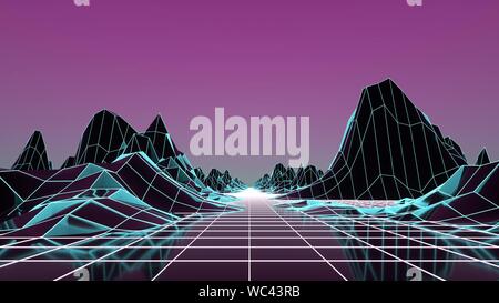 Retro-Futurismus Hintergrund im Stil der 80er Jahre. 3D-Darstellung. Stockfoto