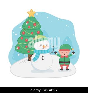 Frohe Weihnachtskarte mit Schneemann und elf Vector Illustration Design Stock Vektor
