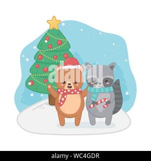 Happy Weihnachtskarte mit Bär teddy und Waschbär Vector Illustration Design Stock Vektor