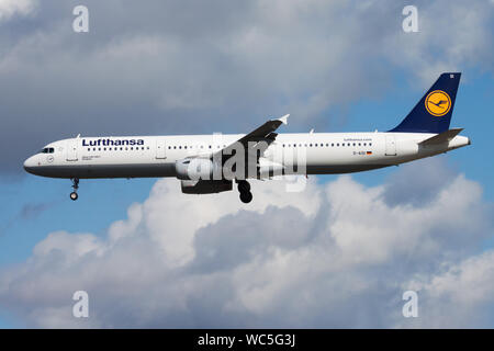 FRANKFURT/Deutschland - 12. AUGUST 2014: Lufthansa Airbus A321 D-AISI Passagierflugzeug landen am Flughafen Frankfurt Stockfoto