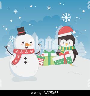 Frohe Weihnachtskarte mit Schneemann und Pinguin Vector Illustration Design Stock Vektor