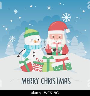 Weihnachtskarte mit Schneemann und Weihnachtsmann Vector Illustration Design Stock Vektor