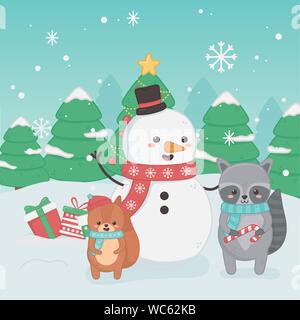Happy Weihnachtskarte mit Schneemann und Tiere Vector Illustration Design Stock Vektor