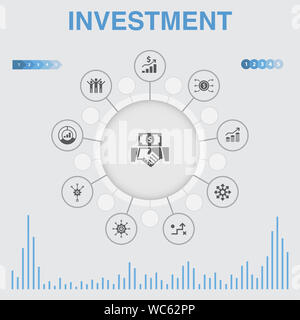 Investitionen Infografik mit Symbolen. Enthält solche Ikonen als Gewinn, Asset, Markt, Erfolg Stockfoto