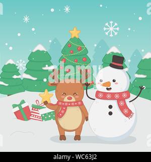 Frohe Weihnachtskarte mit Schneemann und Rentier Vector Illustration Design Stock Vektor
