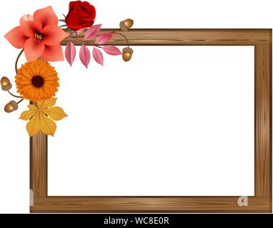 Herbst rectangula Holzrahmen mit Blumen und Blätter Stock Vektor