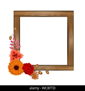 Herbst square Holzrahmen mit Blumen und Blätter Stockfoto