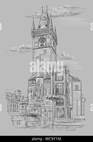 Vektor hand Zeichnung Abbildung des Alten Rathaus in Prag. Wahrzeichen von Prag, tschechische Republik. Vector Illustration in den Farben Schwarz und Weiß zu isolieren Stock Vektor