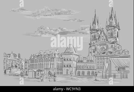 Vektor hand Zeichnung Abbildung. Stadtbild der Altstadt und die Teynkirche. Wahrzeichen von Prag, tschechische Republik. Vector Illustration in Schwarz und w Stock Vektor