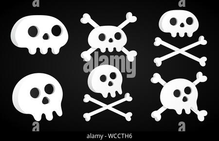 6 Einfache flache Design Sculls mit gekreuzten Knochen set Symbol zeichen Vector Illustration auf schwarzen Hintergrund isoliert. Menschliche teil Kopf, Jolly Roger Pira Stock Vektor