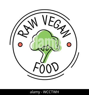 Raw Vegan essen Label line style Logo mit grünem broccoly, Aufkleber Vorlage für Produktverpackungen, Vektor Stock Vektor