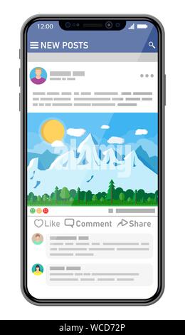 Vorlage für die Benutzeroberfläche eines sozialen Netzwerks auf dem Smartphone-Bildschirm. News Post Frames Seiten auf mobilen Geräten. Nutzer kommentieren das Foto. Anwendungsmodell für soziale Ressourcen. Vektorgrafik in flacher Form Stock Vektor