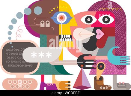 Zwei Personen und Personal Computer auf einem weißen Hintergrund. Moderne abstrakte Kunst Vector Illustration. Stock Vektor