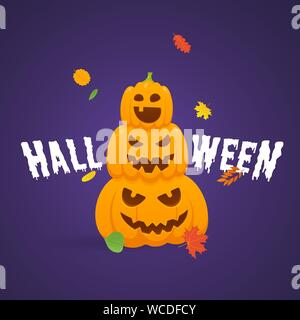 Happy Halloween banner text Postkarte mit Cary Gesicht auf Kürbisse, Blätter im Herbst und Halloween Text auf dunklem Hintergrund Flat Style Design isoliert. Stock Vektor