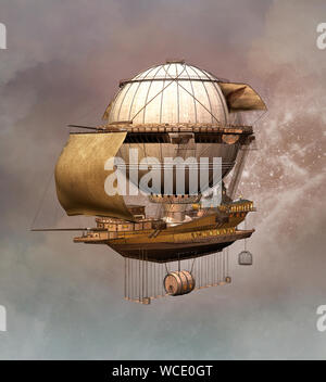 Vintage steampunk Luftschiff floating in einem Magic bewölkter Himmel Stockfoto