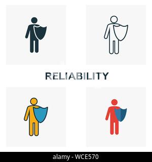 Zuverlässigkeit Icon Set. Vier Elemente in verschiedenen Stilrichtungen von Business Ethics icons Collection. Kreative Zuverlässigkeit Icons, Outline, farbige und Stock Vektor