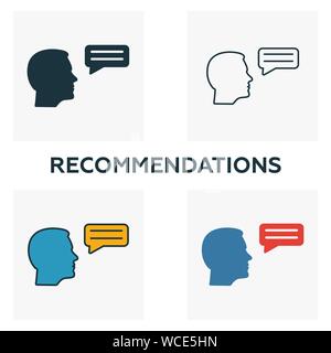 Empfehlungen Icon Set. Vier Elemente in verschiedenen Stilrichtungen von Business Ethics icons Collection. Kreative Empfehlungen Icons, Umriss Stock Vektor