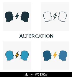 Auseinandersetzung Icon Set. Vier Elemente in verschiedenen Stilrichtungen von Business Ethics icons Collection. Kreative Auseinandersetzung Icons, Outline, farbige und Stock Vektor