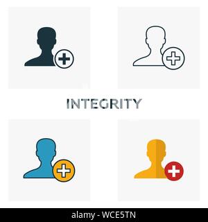 Integrität Icon Set. Vier Elemente in verschiedenen Stilrichtungen von Business Ethics icons Collection. Kreative Integrität Icons, Outline, farbige und flach Stock Vektor