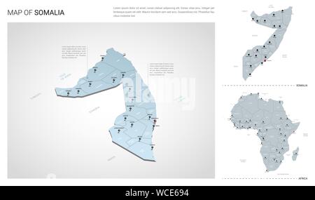 Vektor einrichten von Somalia Land. Isometrische 3d-Karte, Somalia Landkarte, Afrika Karte - mit Region, Staat Namen und Städtenamen. Stock Vektor