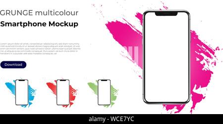 Eine generische Smartphone mockup auf Randon grunge bunten Hintergrund. Rosa, Grün, Blau, Rot. Vorlage für app Präsentation für Websites, Landing Pages. Stock Vektor