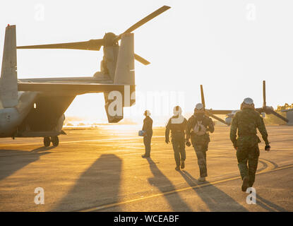 Us-Marines mit dem Aviation Combat Element, Marine Drehkraft - Darwin (MRF-D), Verkehr internationale Besucher MRF-D Training während der Übung Koolendong am Mount Bundey, Northern Territory, Australien, zu beobachten, 26.08.2019. Die 2019 Rotation bietet MRF-D Marines und anderen Verbündeten und Partnern die Gelegenheit, Beziehungen zu entwickeln, über jede andere Kulturen lernen und Partner Kapazitäten aufzubauen sowie gemeinsame militärische capabilty. (U.S. Marine Corps Foto von Cpl. Schicksal Dempsey) Stockfoto